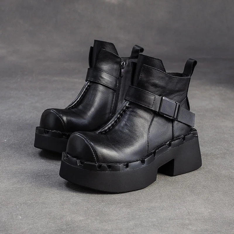 6.5cm Cow Natural Genuine Leather Autumn Flats Comfy Shoes Platform Wedge Elthnic Big Toe Women Ankle Booties Rubber Spring