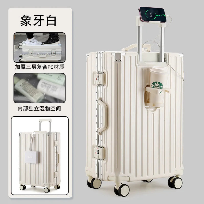 New Multifunction Suitcase with USB Charging Aluminum Frame +PC Suitcase Trip Cabin Male and Female Carrier 28/30-inch