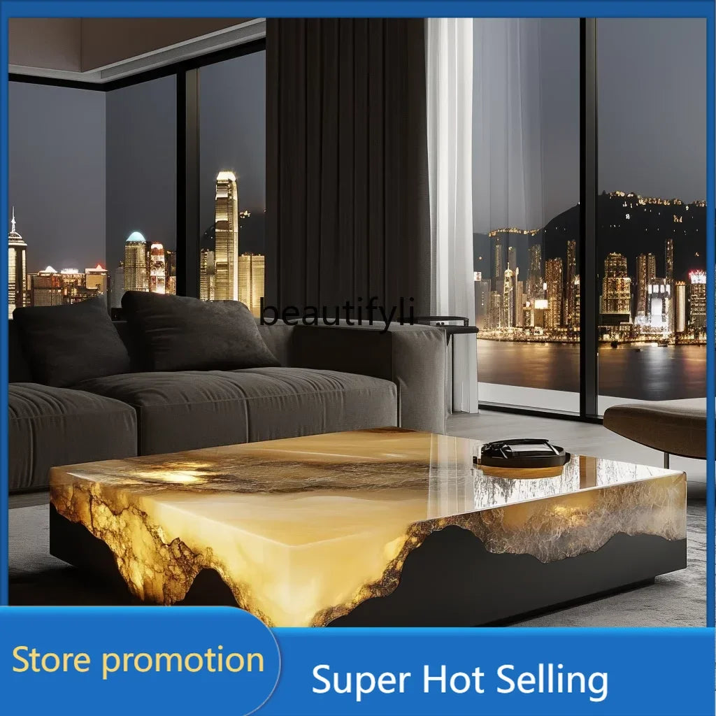 G53 Square luminous jade coffee table leather light luxury minimalist style living room luxury stone natural marble