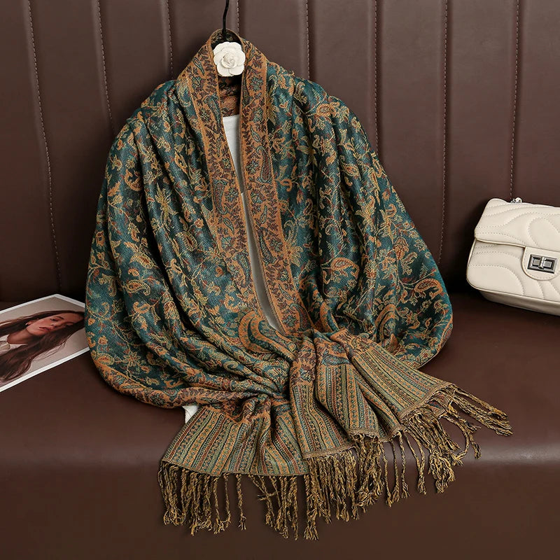 Cashmere Pashmina Shawl With Autumn Print Design, Olive Accents And Gold-Toned Fringe — Red | KIMLUD