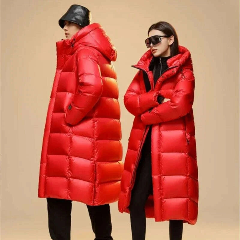 KIMLUD, Top Grade Women Red 90% White Goose Down Thick(Winter) Warm X-Long Jackets 2023 New Arrivals Female Hooded Down Parka, KIMLUD Womens Clothes