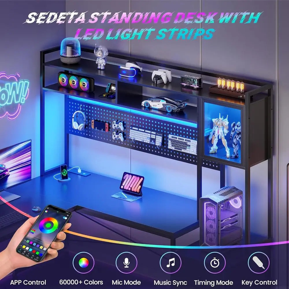 L-Shaped Gaming Desk with Drawers, Reversible, LED-lit, Black, for Dual Players with Power Outlets