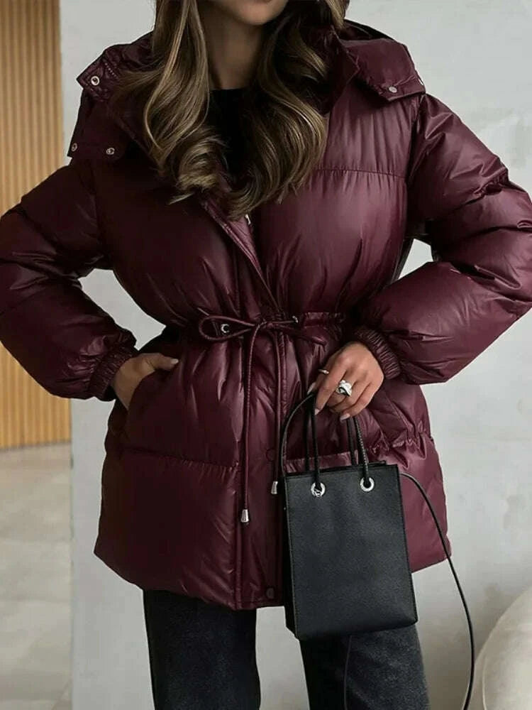 KIMLUD, Women Solid Thicken Cotton Jackets Casual Stand Collar Zipper Long Sleeves Lace Up Detachable Hat Coat Winter Lady Warm Outwear, KIMLUD Womens Clothes
