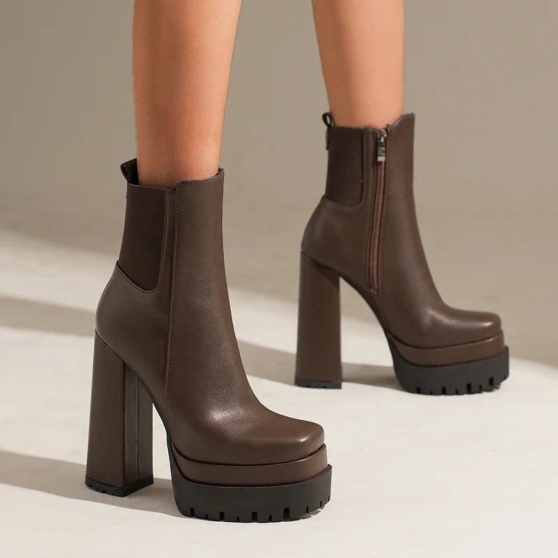 Women's Ankle Boots Platform Trends Black Short Boot Winter Autumn Leather Gothic Punk Heels Party Shoes Lady Large Size 45