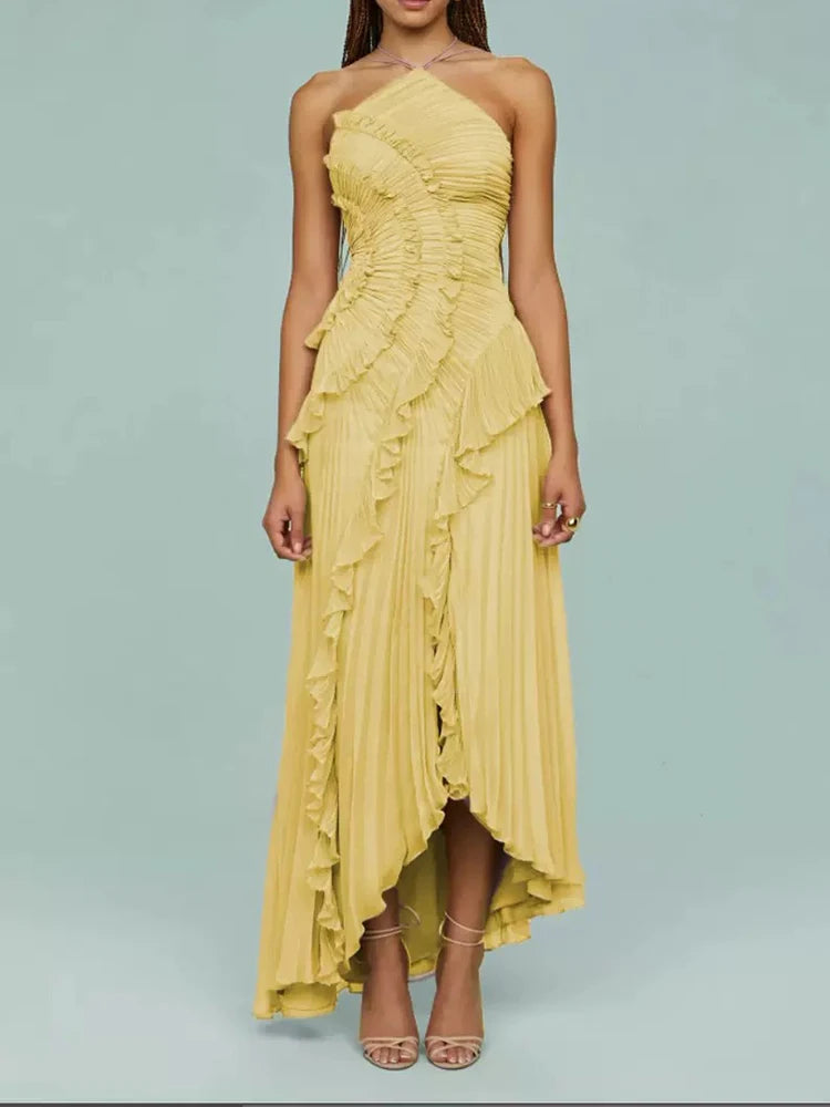 Ruffle ruffles design thin mid-length dress temperament fashion irregular halter women's dress 2025 summer new