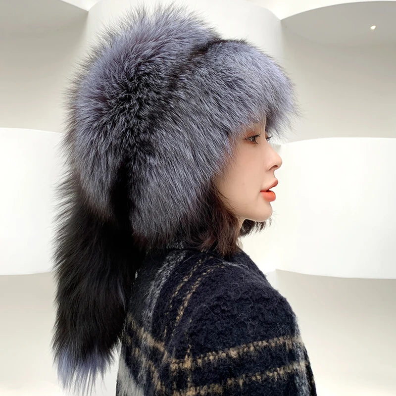 Fox Fur Ushanka Hat Fluffy Tail Cap — Natural | KIMLUD