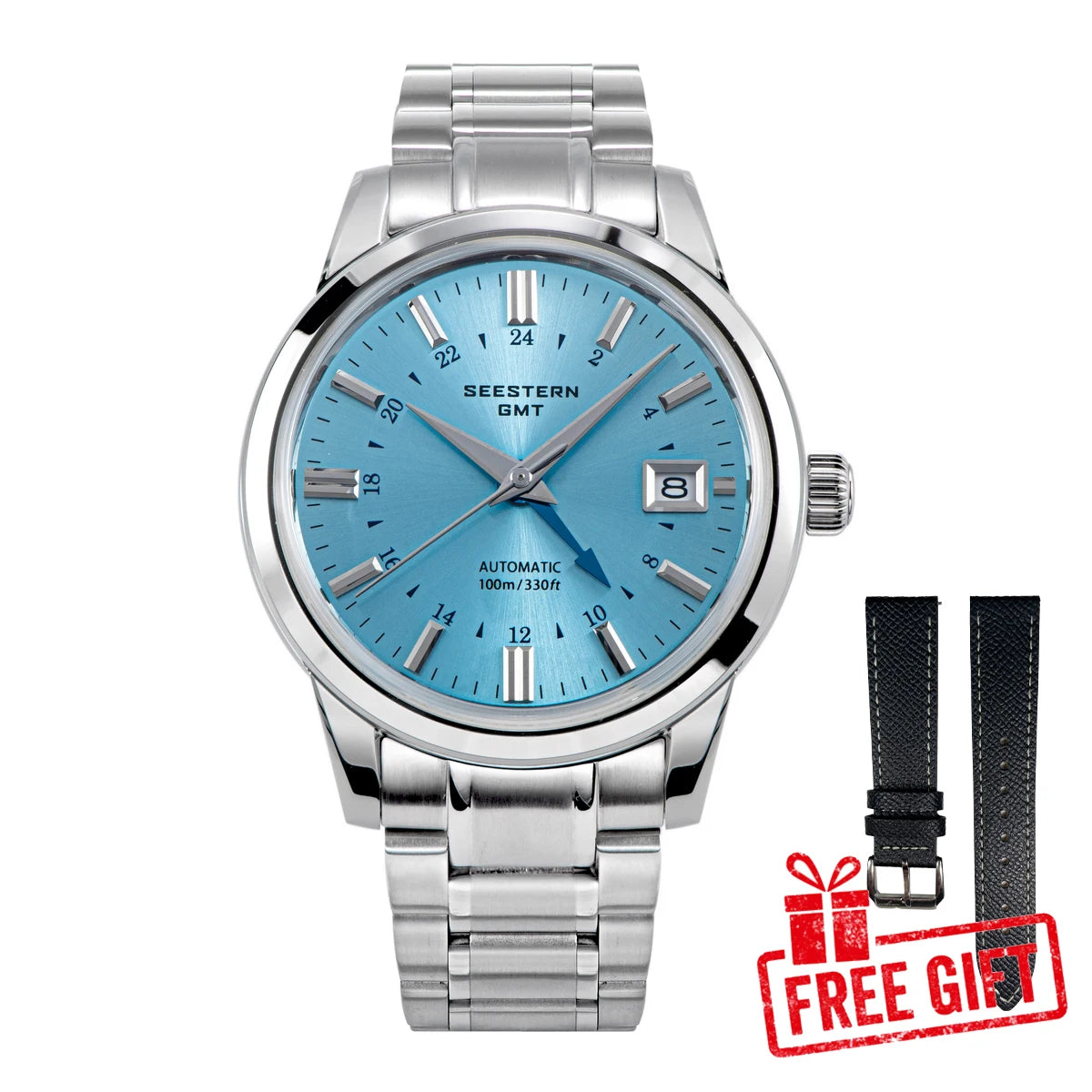 SEESTERN S446 Men Watch Automatic Mechanical Wristwatches NH34 GMT Movement 100m Waterproof Domed Sapphire Crystal Clock Limited