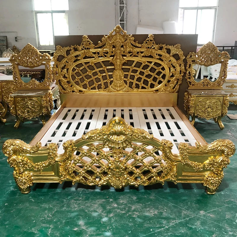 European Double Bed Ornate Upholstered Frame With Subtle Couture Detailing And Regal Silhouette — Antique Gold | KIMLUD