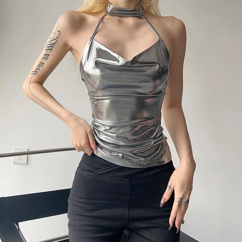 Shiny Silver Patent Leather Tank Top Women Slim Halter Crop Tops Backless Camisole Female Tube Top Cropped Vest