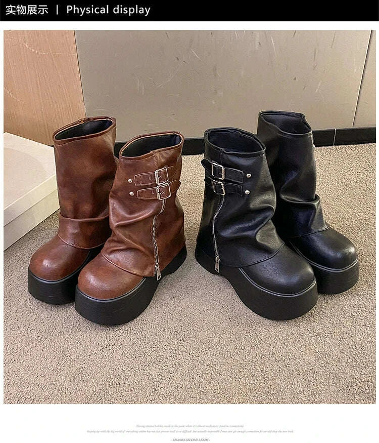 KIMLUD, Soft Leather Ankle Mid Calf Boots Winter Autumn High Platform Wedge British Booties Woman New Ladies Chunky Motorcycle Boots 9CM, KIMLUD Womens Clothes