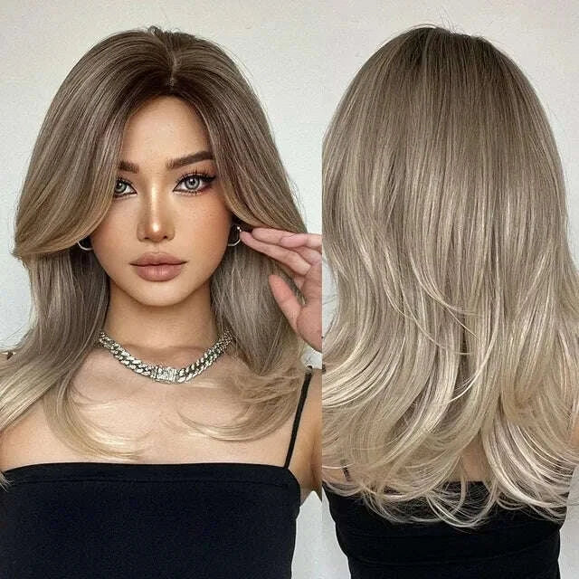 KIMLUD, Golden Blonde Mixed Synthetic Wig Dark Root Wavy Hair With Side Bangs for Women Daily Party Cosplay wig Heat Resistant Fiber, KIMLUD Womens Clothes