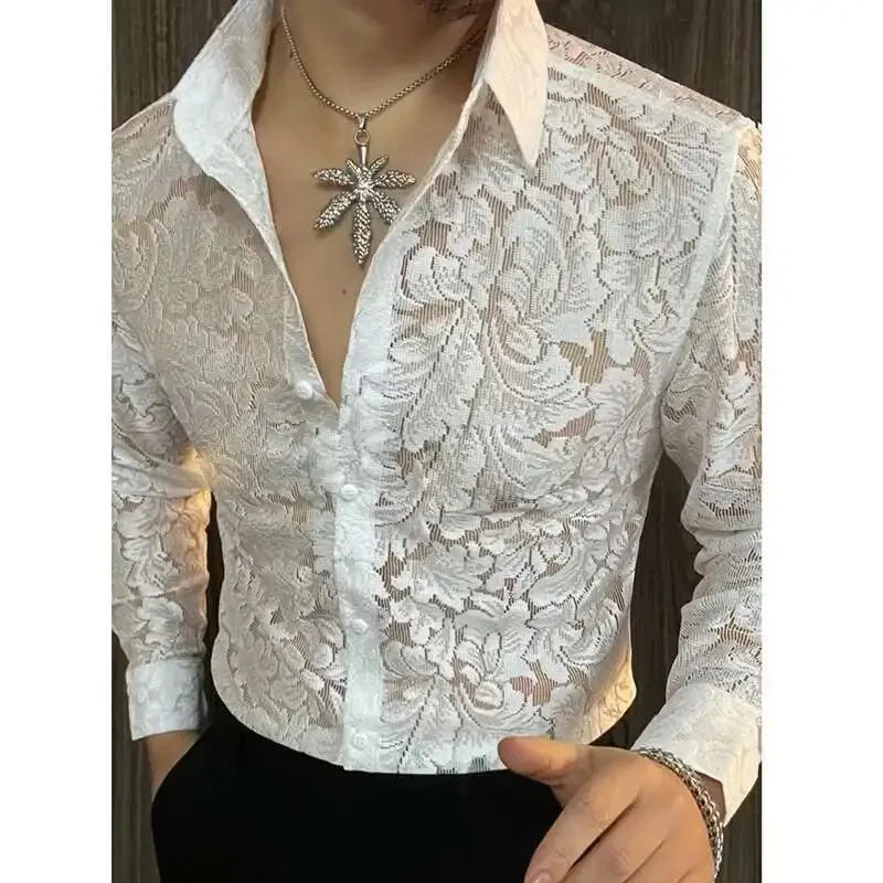 Sheer Polyester Shirt Slim-Fit Long Sleeve With Turn-Down Collar For Nightlife — White | KIMLUD
