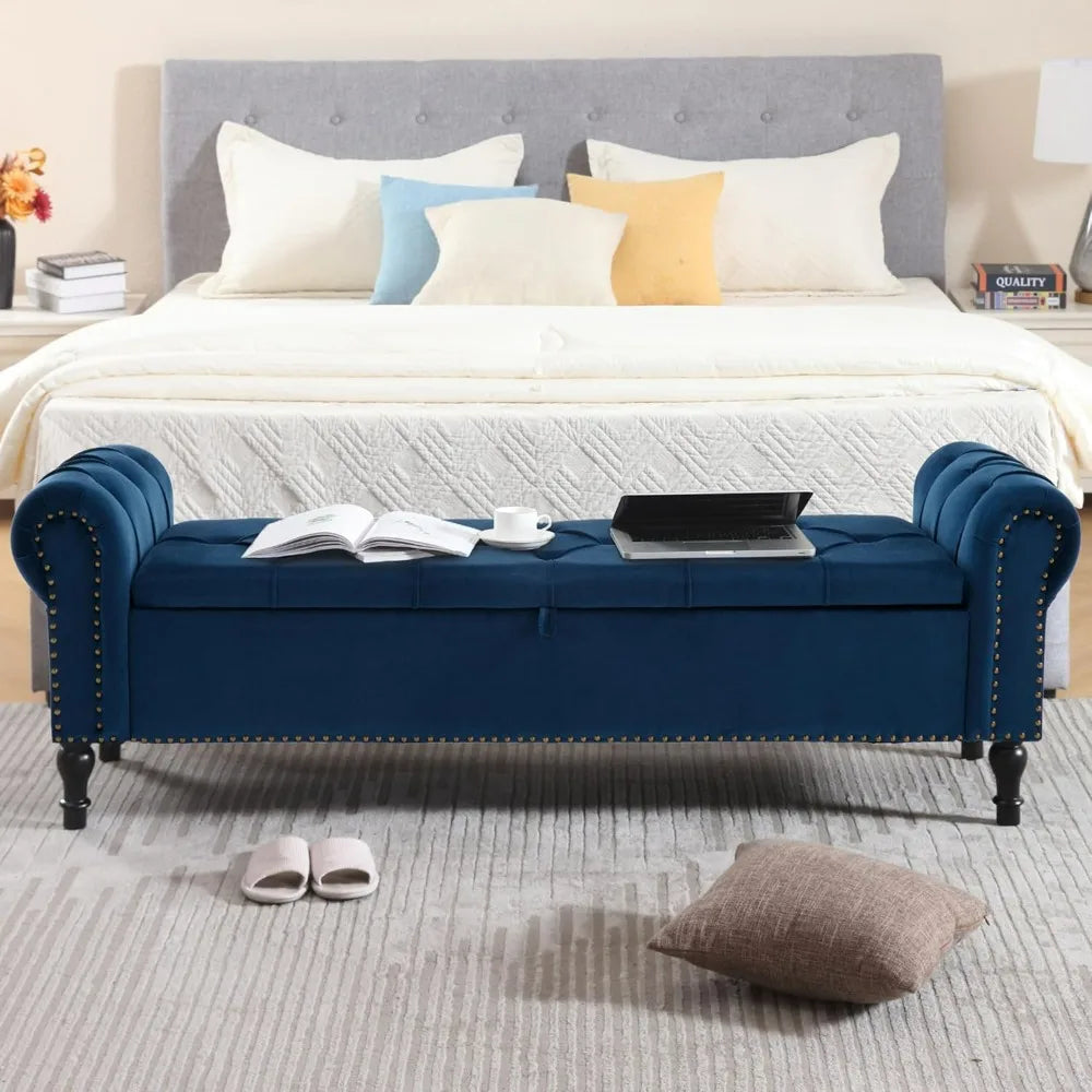 Velvet Storage Bench 67 Inch Upholstered Tufted Ottoman Bench with Arms Large Storage Space King Size End of Bed Bench