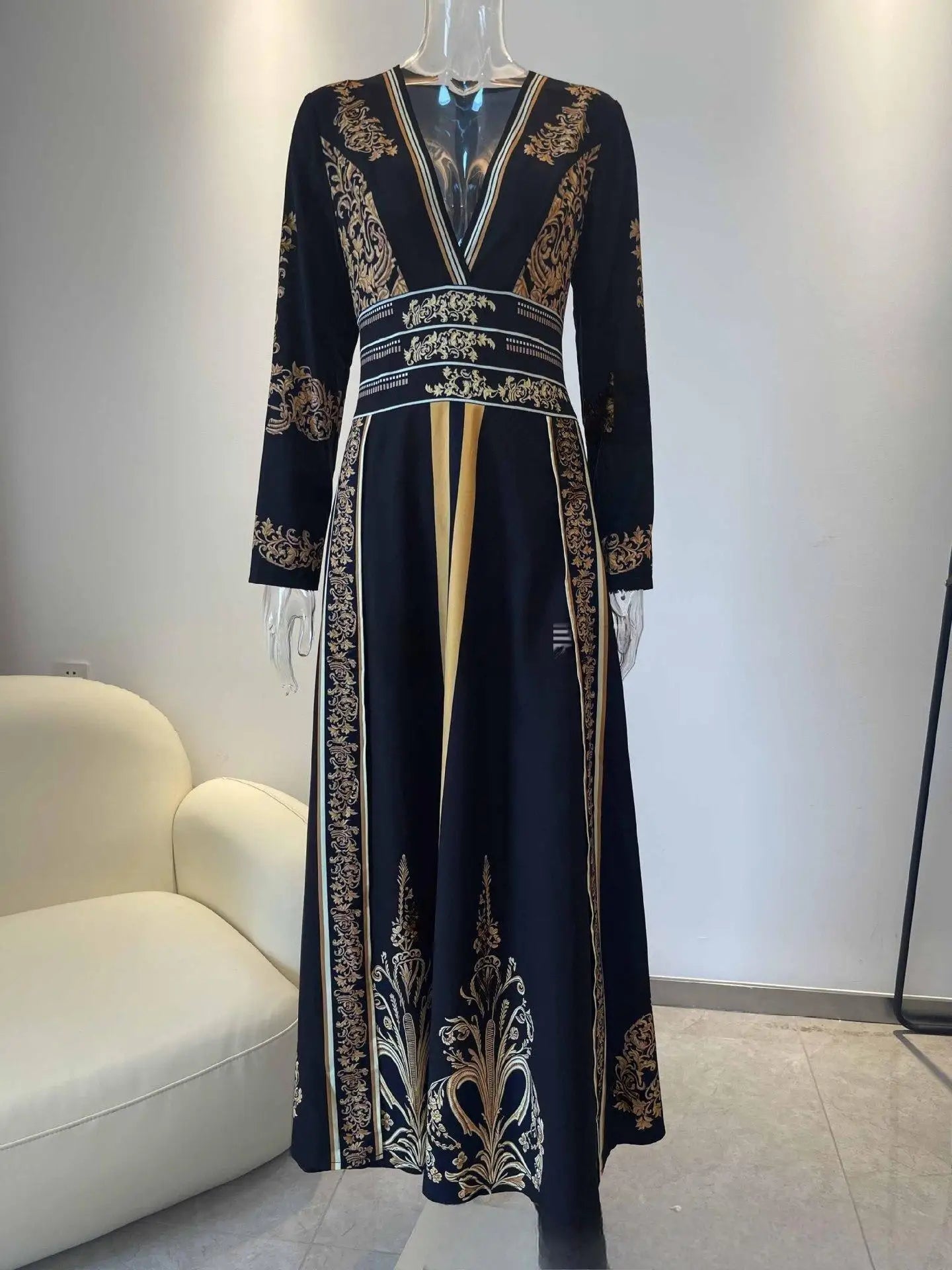 Sexy V-neck Elegant Women's Dress Pockets Pleated A-Line Ethnic Floral Printed Long Sleeve Retro Muslim Fashion Dresses