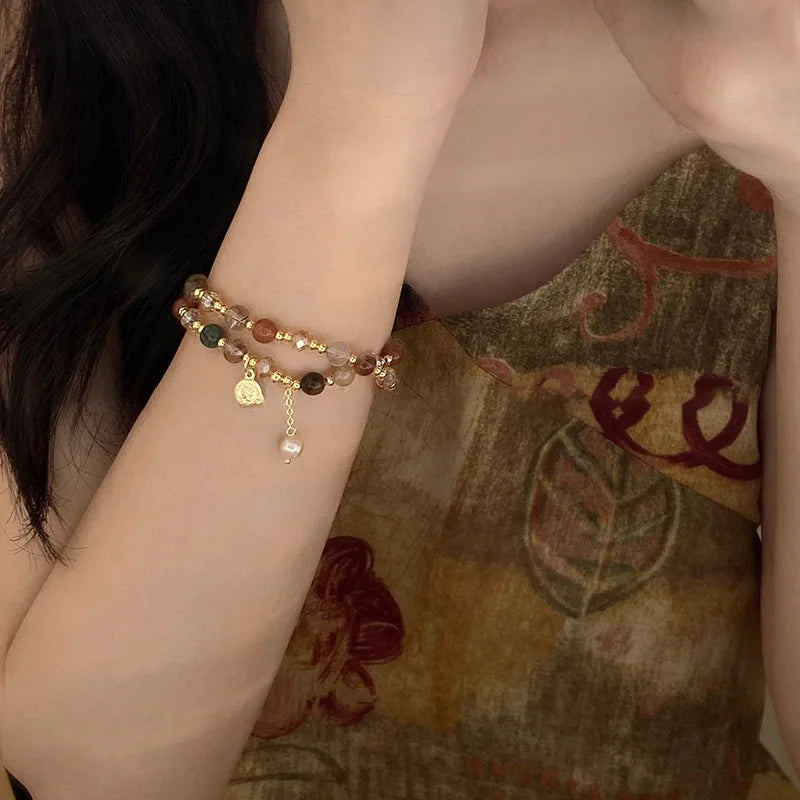 Gold-Tone Bracelet Double-Layer Crystal Pearl Beaded Wrap — Gold | KIMLUD