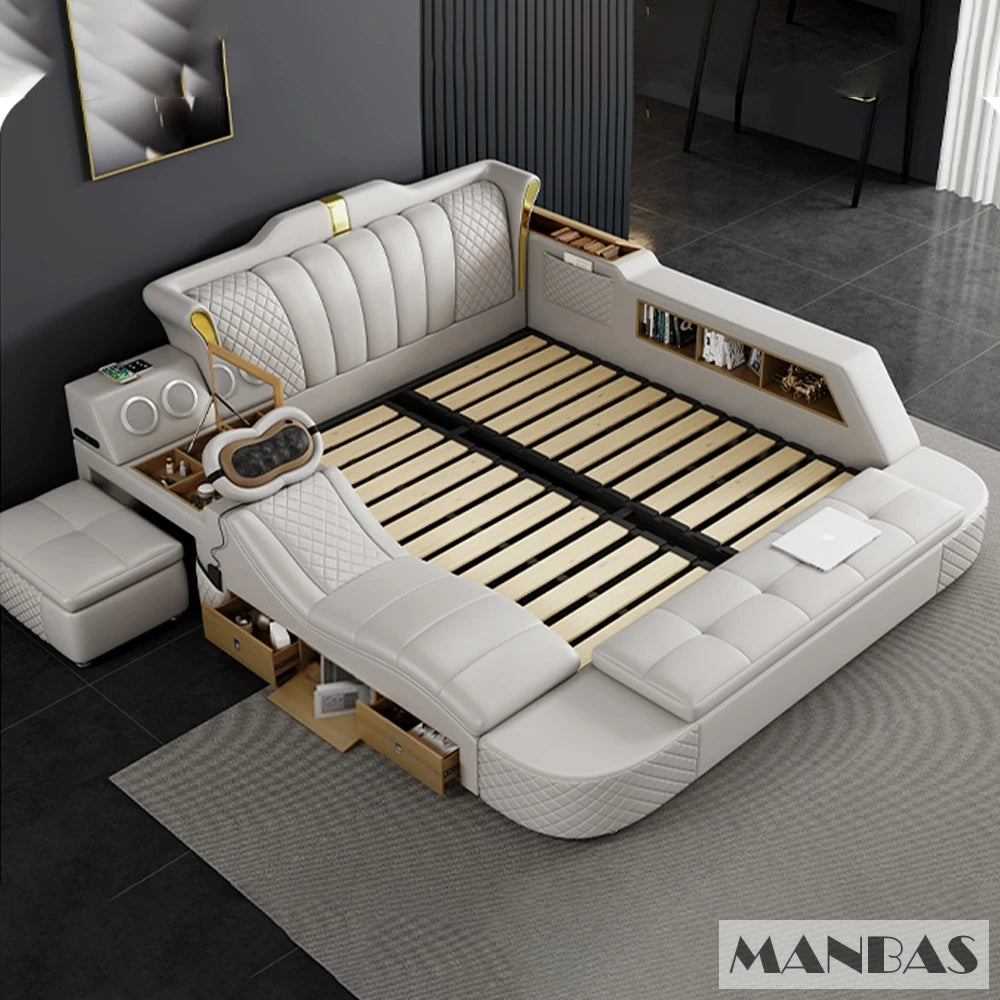Modern Tech Smart Genuine Leather Bed with Massage, Bluetooth Speakers & USB – Luxury Multifunctional King Size Bed with Ottoman
