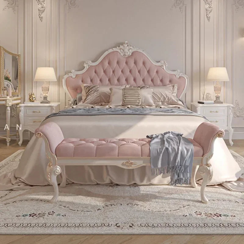 Nordic Beech Wood Bed With Upholstered Headboard — Blush Pink | KIMLUD