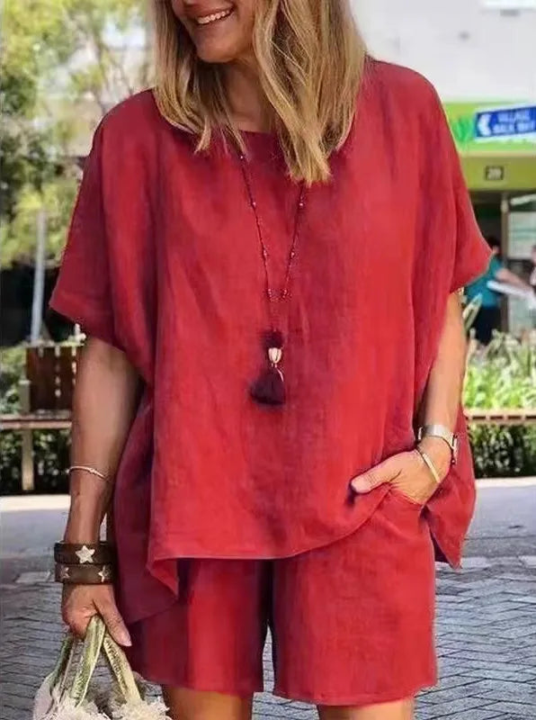 Cotton-Linen Two-Piece Set Plus Size Relaxed-Fit Short-Sleeve Top And Shorts — Steel-Blue | KIMLUD