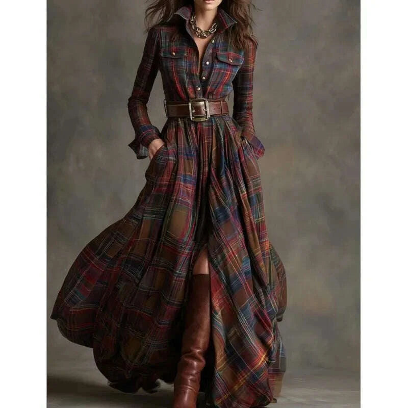 KIMLUD, Retro Women's Shirt Maxi Dress Autumn Casual Long Sleeve Button Pocket Plaid Print Lapel Retro Long Dresses For Womem Vestidos, KIMLUD Womens Clothes