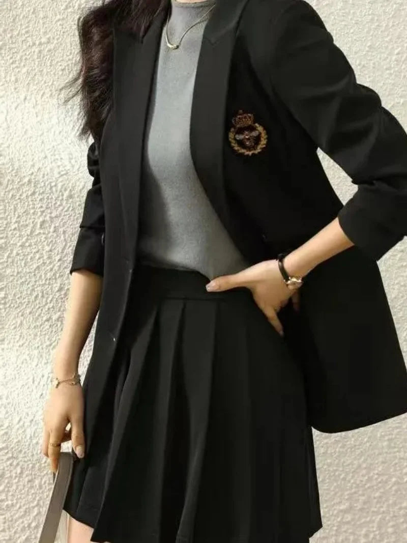 KIMLUD, Korean Preppy Suit Women Fashion Embroidered Badge Double Breasted Jacket+High Waisted Pleated Mini Skirt Elegant Party Set 131F, KIMLUD Womens Clothes