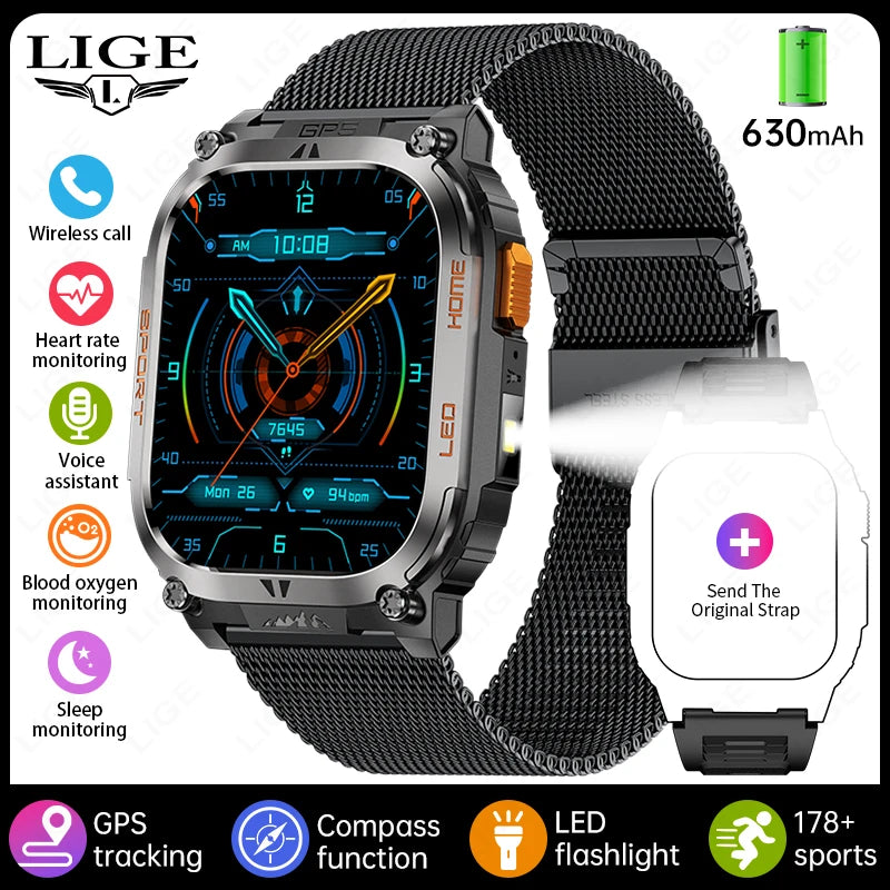LIGE New GPS Tracking Smart Watch LED Flashlight 1.96inch HD Screen Compass BT Call Waterproof Sport Smartwatch For Android iOS