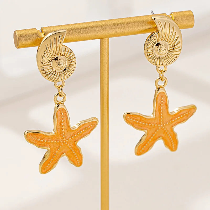 Conch Earrings for Women Fashion Children's Fun Ocean Series Metallic Color Starfish Beach Holiday Style Banquet Gift