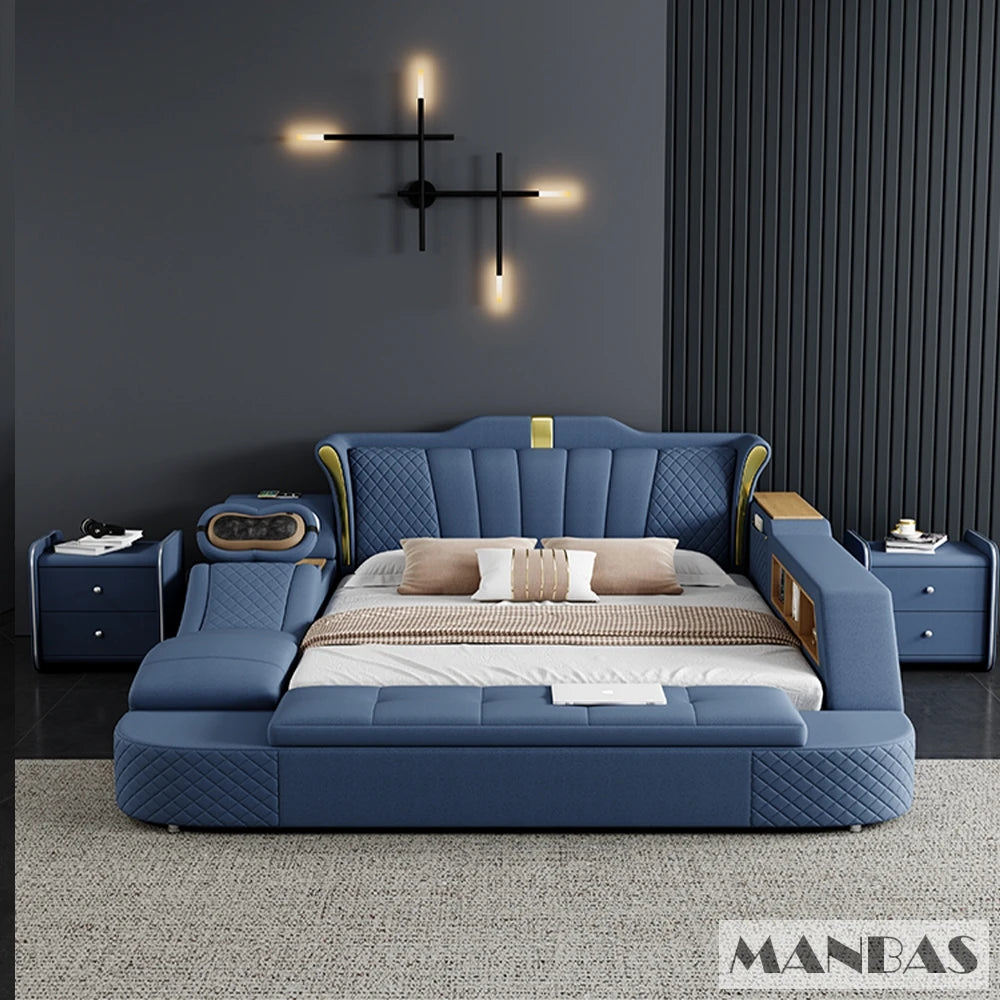 Modern Tech Smart Genuine Leather Bed with Massage, Bluetooth Speakers & USB – Luxury Multifunctional King Size Bed with Ottoman