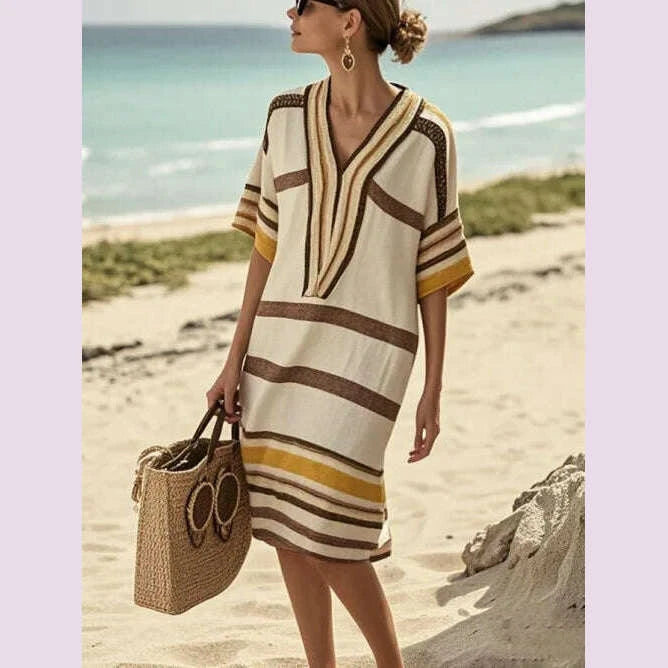 Loose Casual Striped Print Dress For Women Fashion Half Sleeved V Neck Midi  Dress Spring Summer New Lady Commuter Dresses