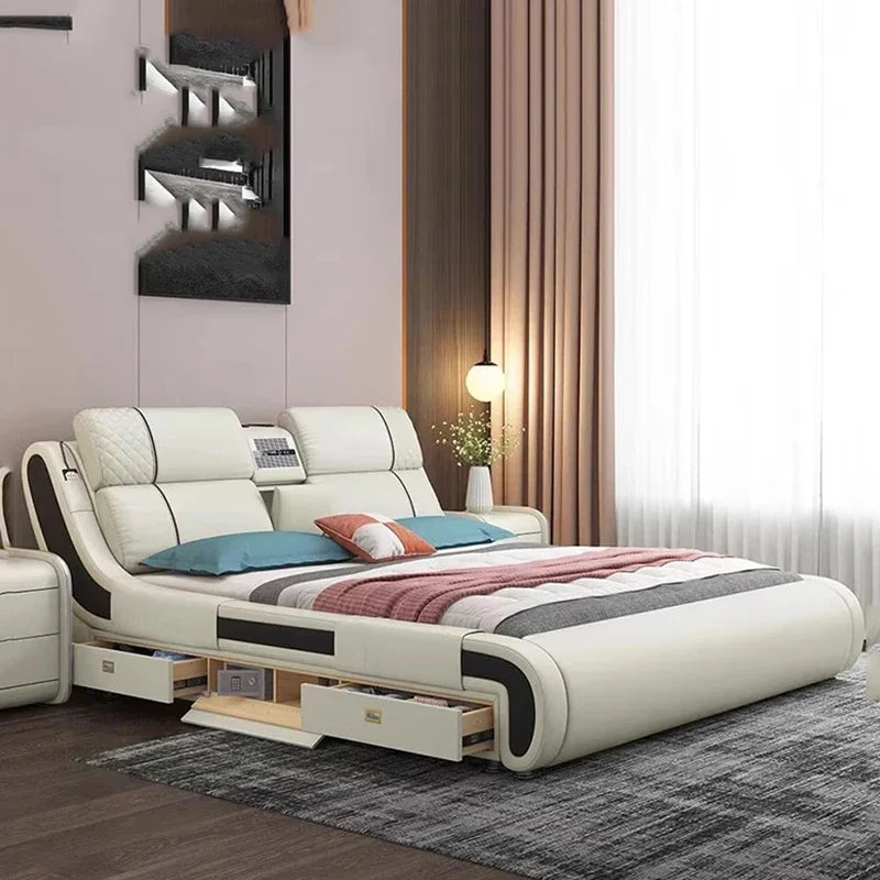 Modern Simple Massage Bed Luxury Water Proof Design Bedframe Double Bed Smart White Nordic Furniture
