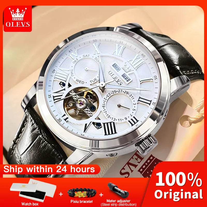 OLEVS 6668 Mens Watch Classic Automatic Mechanical Original Watch For Men Waterproof Leather Strap Multifunctional Chronograph