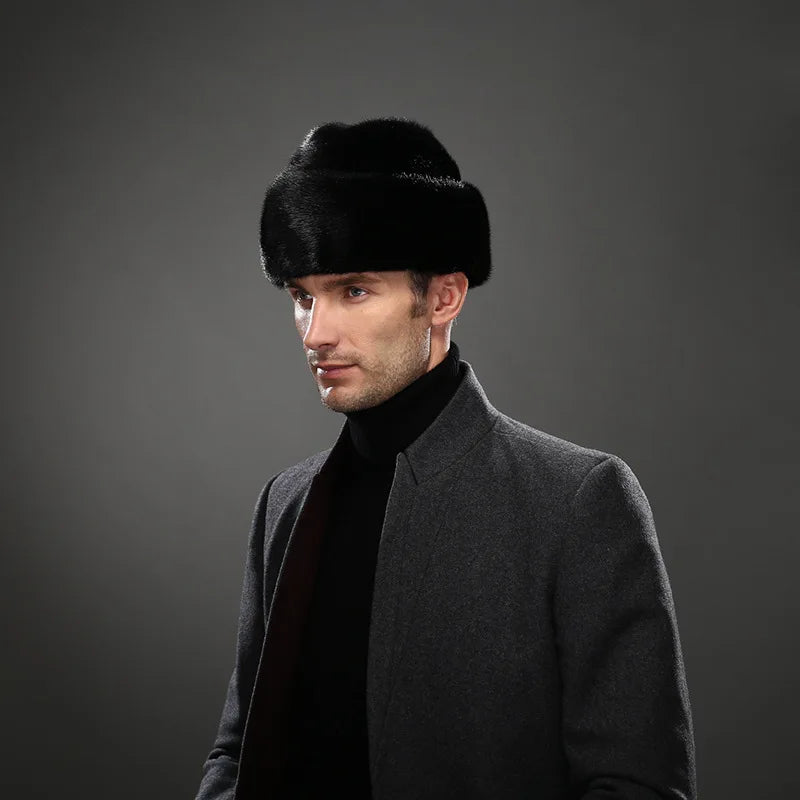 Mink Fur Winter Hat — Top-Hat Crown Silhouette — Deep Black | KIMLUD