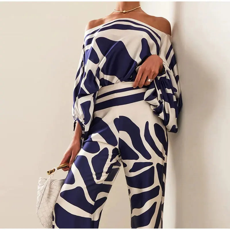 Satin Print Pajama Set Off-Shoulder Slash-Neck Top Long Pants — White | KIMLUD