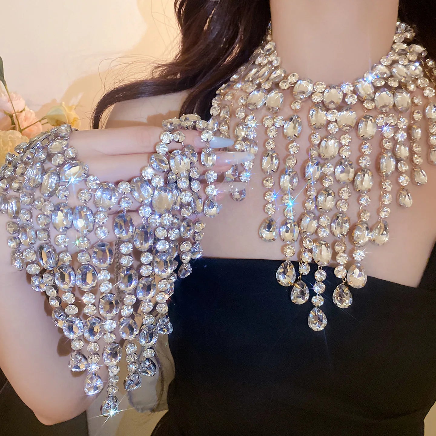 Luxury Tassel Water Drop Rhinestone Choker Necklace for Women Oversized Sparkly Elegant Evening Party Wedding Statement Jewelry