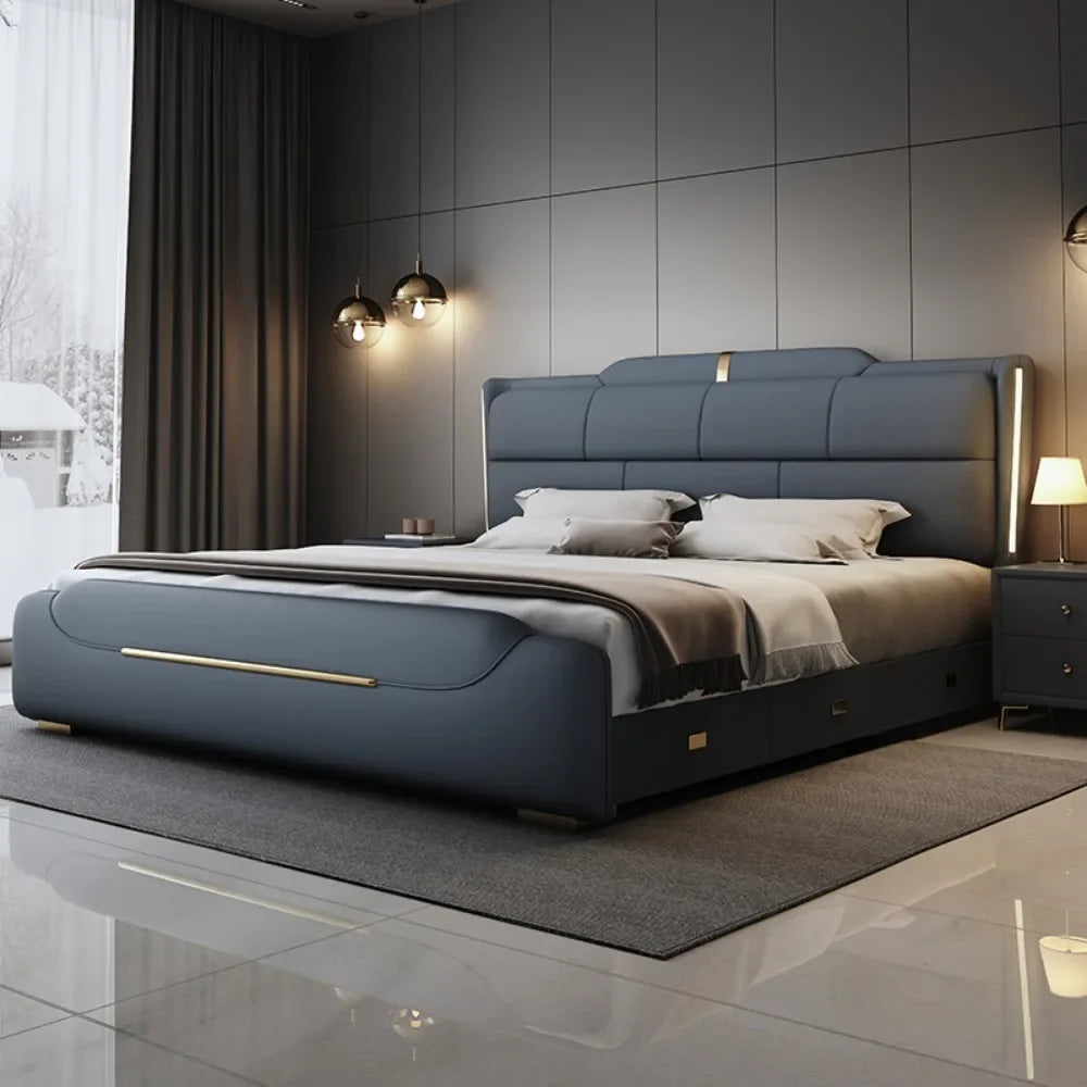 Cowhide-Layered Upholstery Storage Bed With Three Drawers — Charcoal | KIMLUD