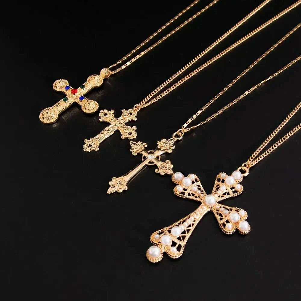KIMLUD, Geometric Ethnic Style Men Necklace Silver Pearl Cross Pendant Necklace Jewelry Accessories Golden Rhinestone Necklace Women, KIMLUD Womens Clothes