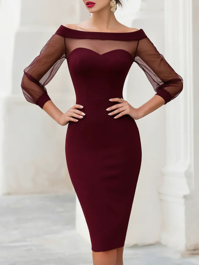 Jersey Off Shoulder Sheer Mesh Long Sleeve Bodycon Midi Dress — Black | KIMLUD