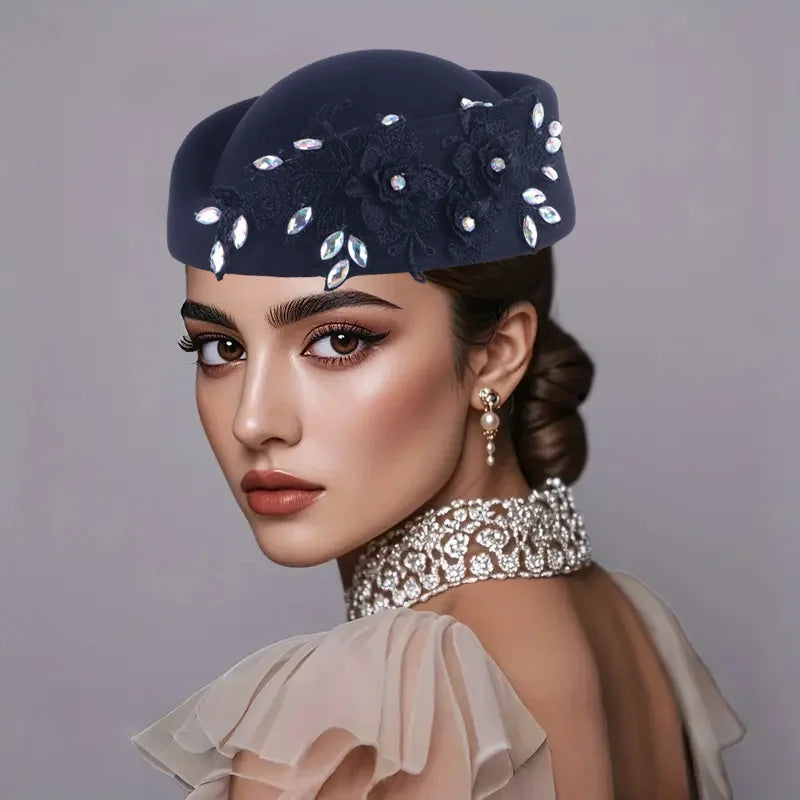 Beret Hat – Flower Embellishment – Polyester – Red and White | KIMLUD