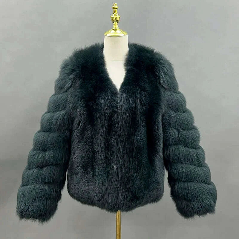 KIMLUD, JANEFUR 2024 Thick Warm Real Fox Fur Coat Fashion Female V-neck Fox Fur Collar Coats Elegant luxury Lady Fur Outwear, KIMLUD Womens Clothes