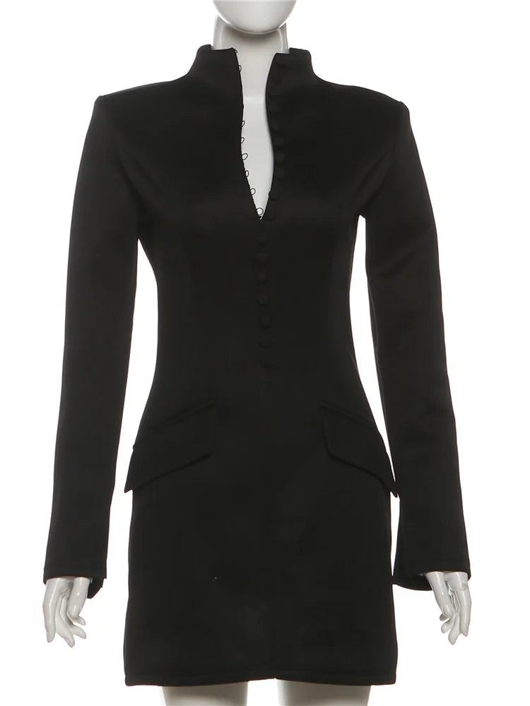 Polyester Single Breasted Stand Collar Bodycon Mini Dress — Black | KIMLUD