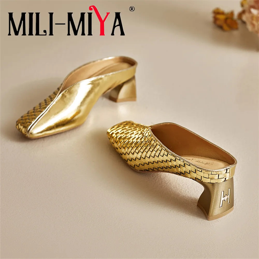 Metallic Cow Leather Slip-On Heels — Gold | KIMLUD