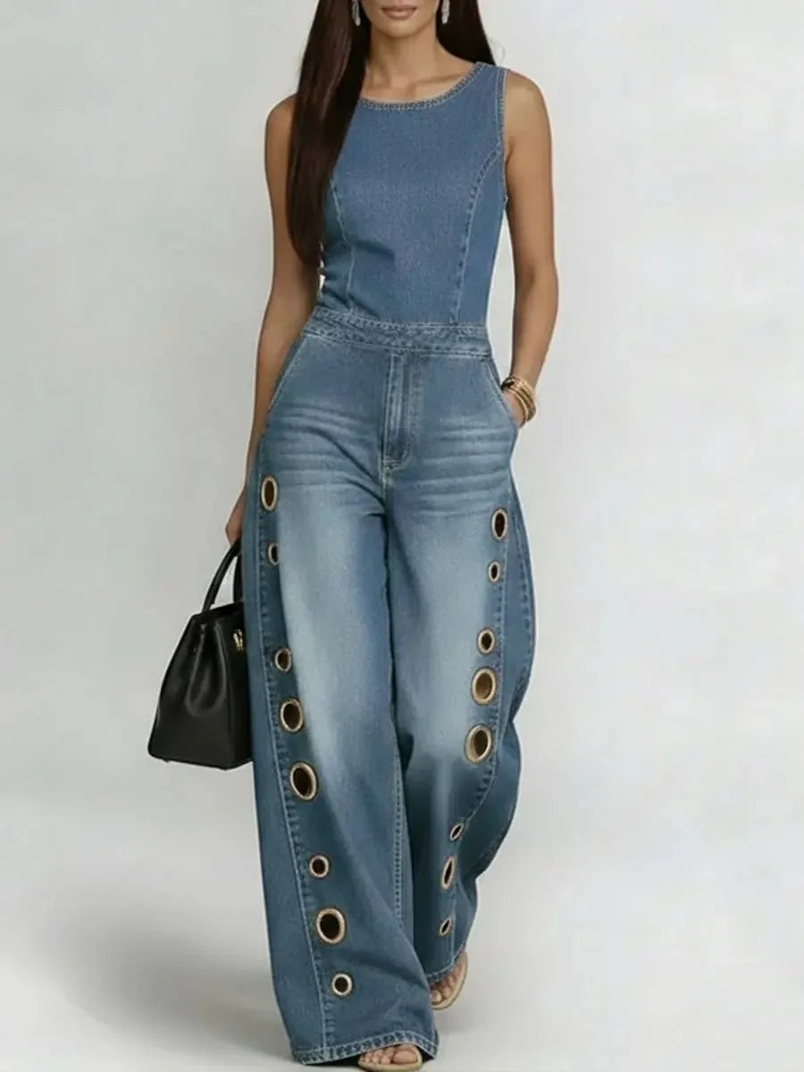 Denim Jumpsuit Sleeveless Eyelet Cutout High Waist Wide Leg — Blue | KIMLUD