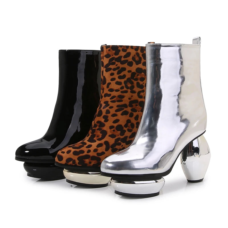High Heel Boots Womens Shoes Heels Women Winter Cool Fashion New Autumn Winter Thick-heeled Silver Patent Leather Short Bling