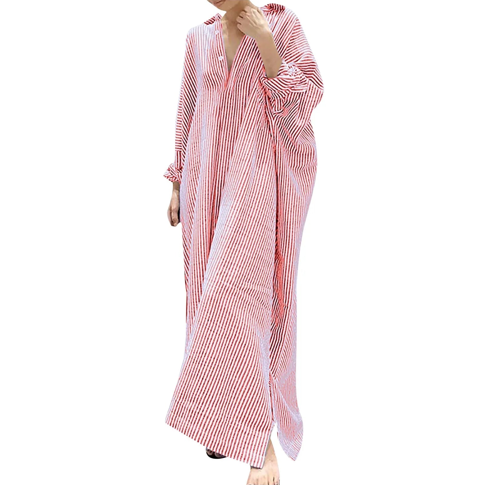 Cotton Maxi Dress Striped — Red and White | KIMLUD