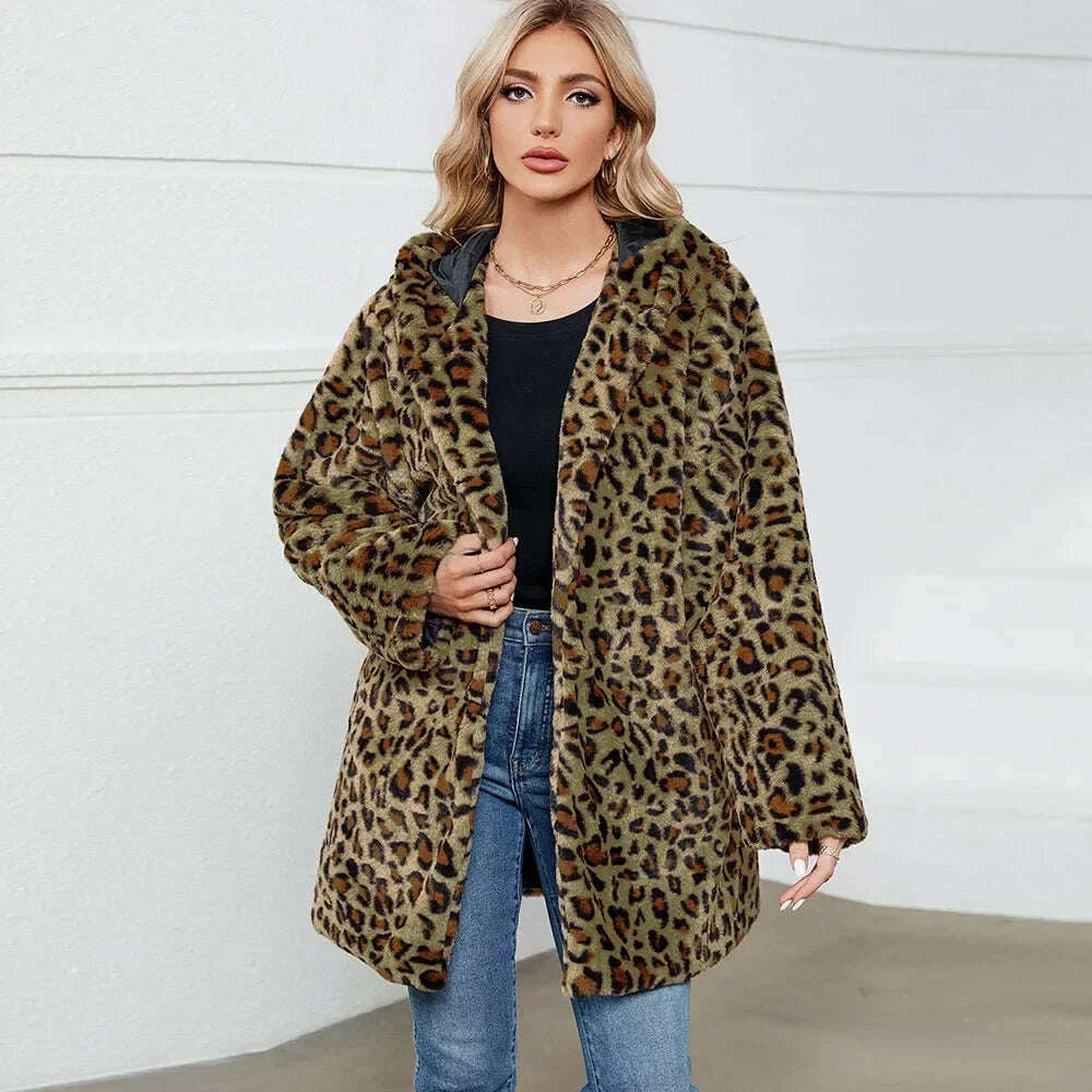 KIMLUD, ZXRYXGS 2025 New Fashion Autumn Winter Coats Loose Medium Length Jackets Leopard Print Imitation Fur Coat Women's Clothing Tide, KIMLUD Womens Clothes