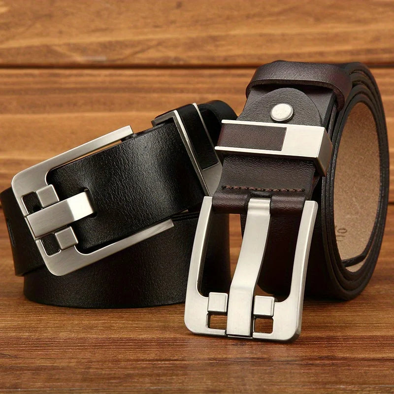 Split Leather Belt Vintage Pin Buckle With Premium Stitching And Adjustable Length — Black | KIMLUD