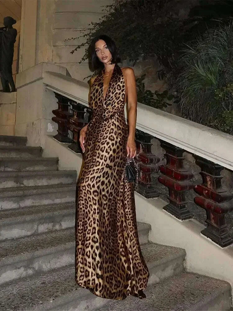 KIMLUD, Women Elegant Leopard Print Lace-up Halter Dress Sexy Backless Deep V-neck Slim Long Dresses 2024 New Lady High Street Partywear, KIMLUD Womens Clothes