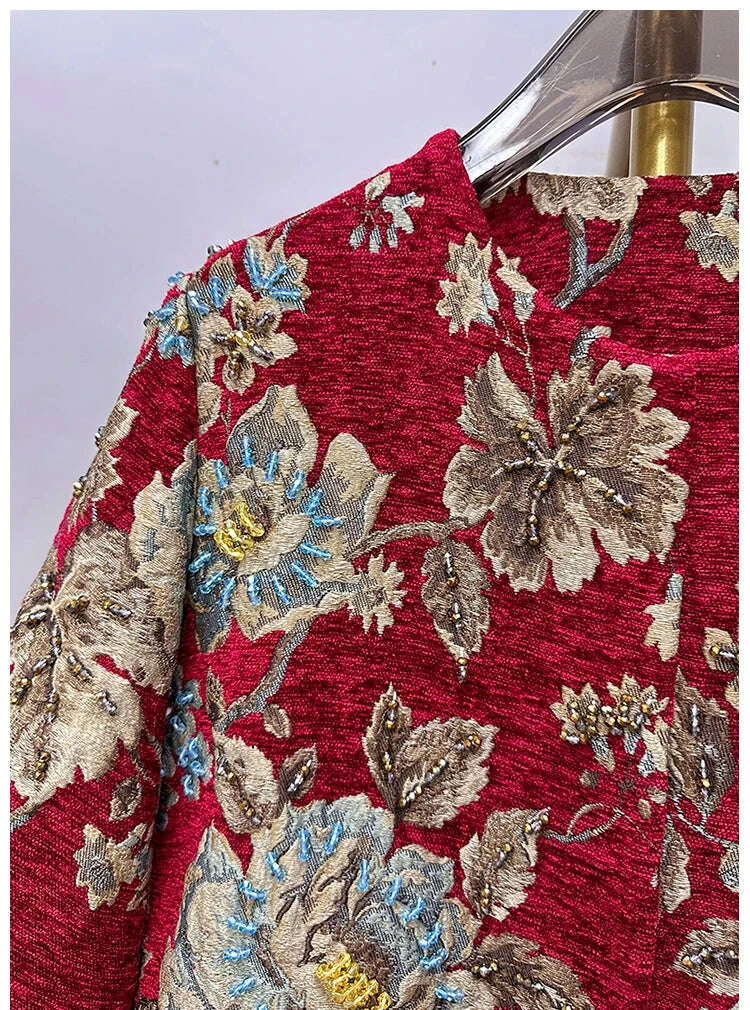 autumn-winter-new-womens-velvet-beaded-round-neck-34-sleeve-burgundy-mid-length-coat-chenille-texture-luxury-jacketkimludkimlud-35562236