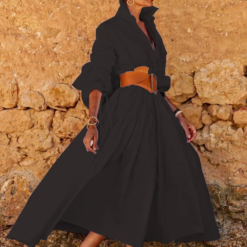 A-Line Midi Dress – Long Sleeve V-Neck – High Waist Button Detail | KIMLUD