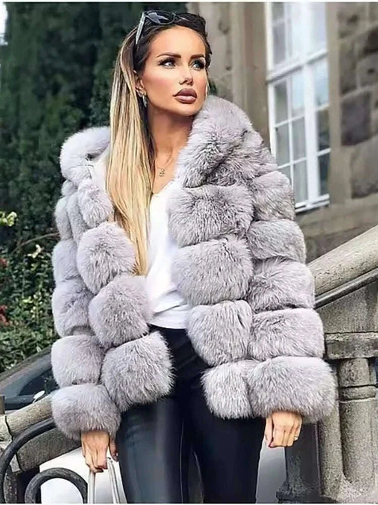 KIMLUD, DEAT Fashion Imitation Fox Fur Grass Jacket Women's Hooded Loose Long Sleeves Patchwork Plush Thick Coat Winter New 7A975, KIMLUD Womens Clothes