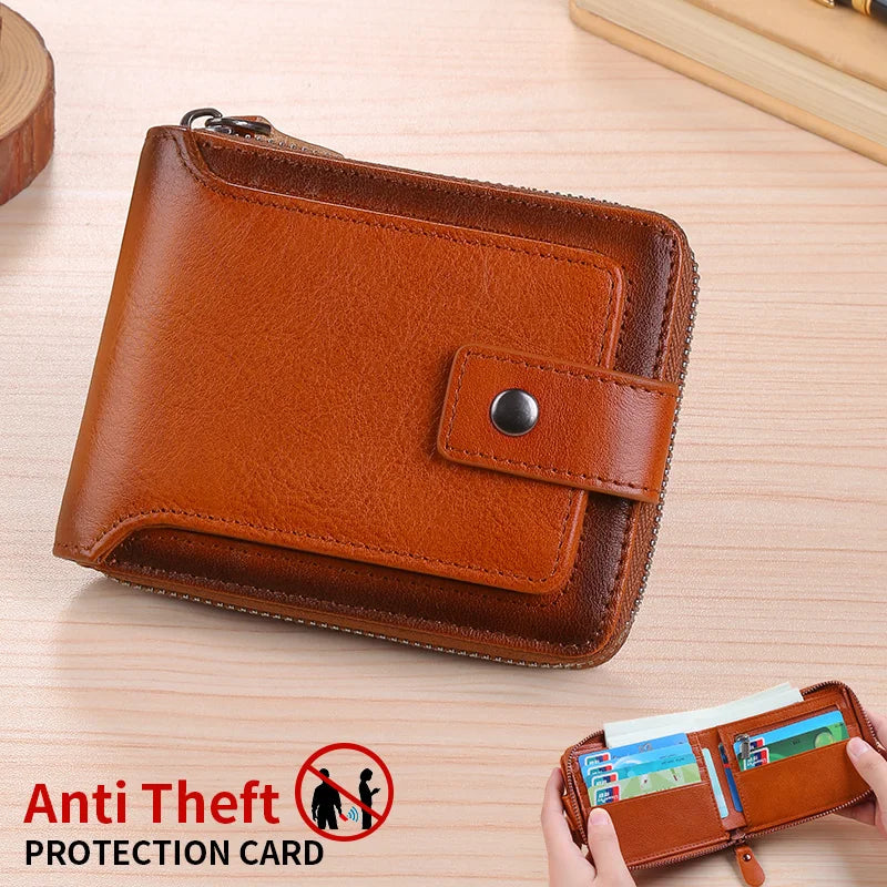 Wallet – Cowhide Leather Anti-Theft – Zipper Wallet 2 Cash Slots | KIMLUD